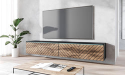 Jax Floating TV Unit for TVs up to 75" - Black & Oak Herringbone Pattern